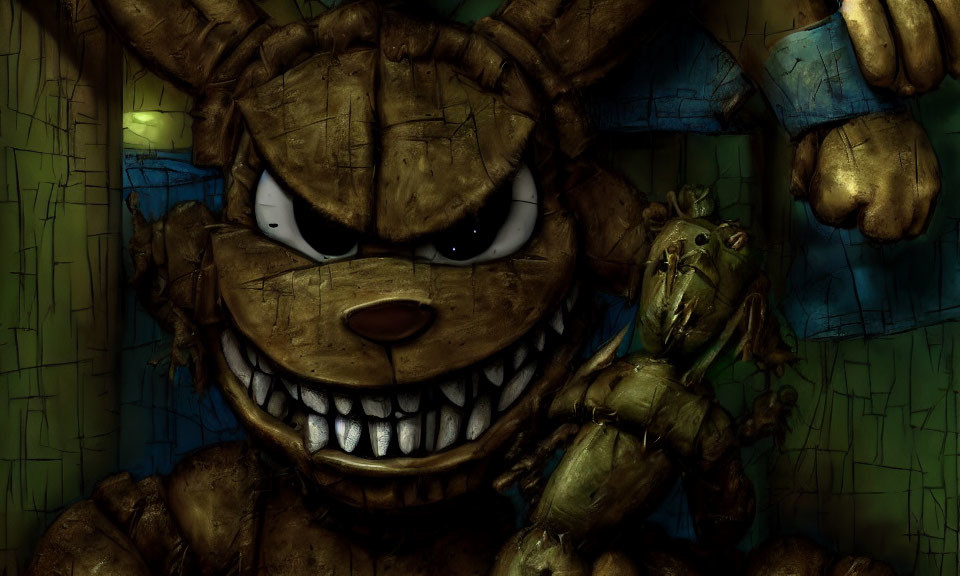 Illustration of large, brown animatronic rabbit with sharp teeth holding smaller green rabbit