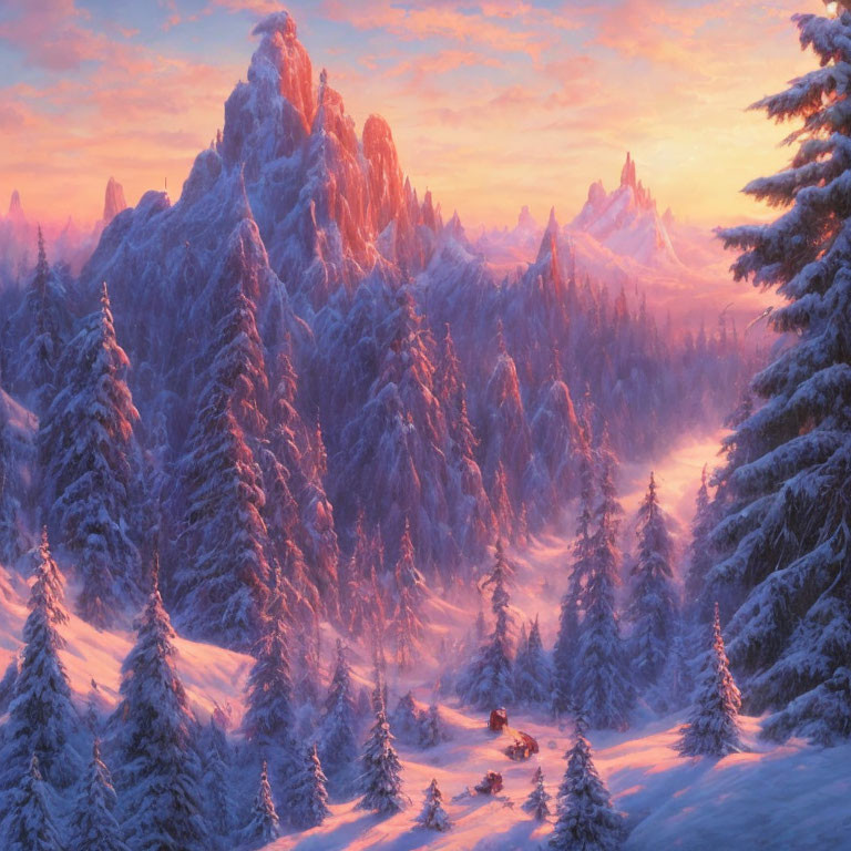 Snow-covered trees in serene winter landscape with majestic mountain range