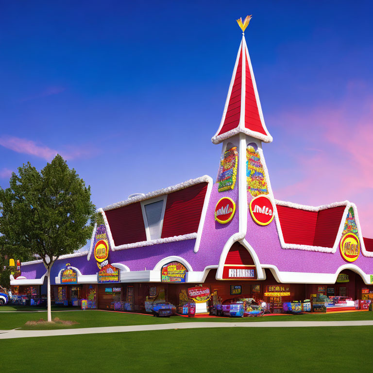 Whimsically designed building with towering spire under clear blue sky