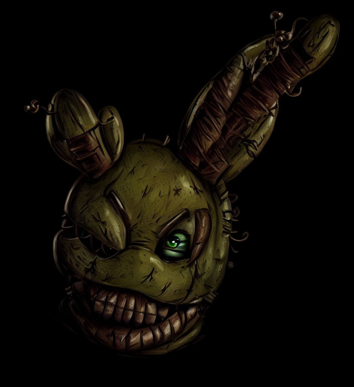 Sinister green animatronic rabbit head with glowing eye