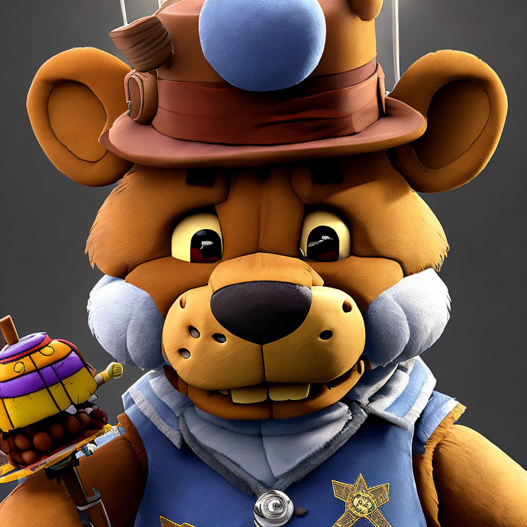 Anthropomorphic bear sheriff with puzzle box and determined expression