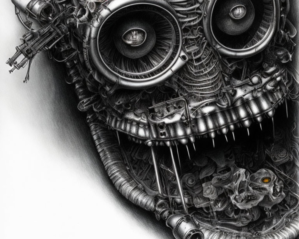 Detailed Monochrome Illustration of Mechanical Creature with Speaker-Like Eyes