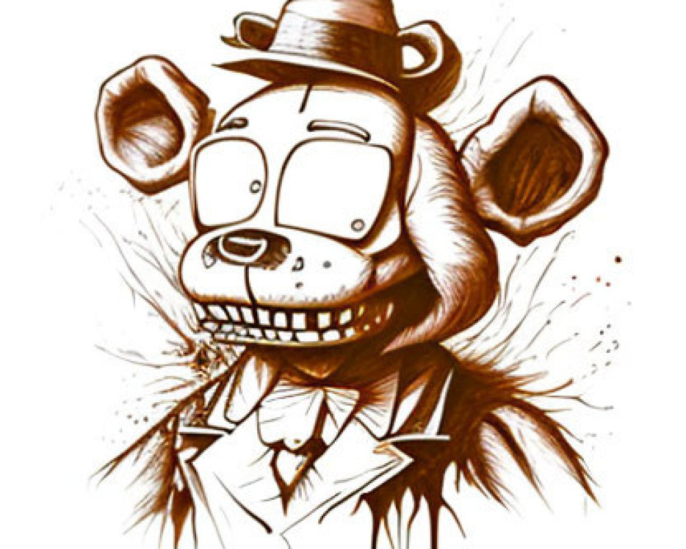 Anthropomorphic bear in suit and hat with sinister smile in sepia sketch style