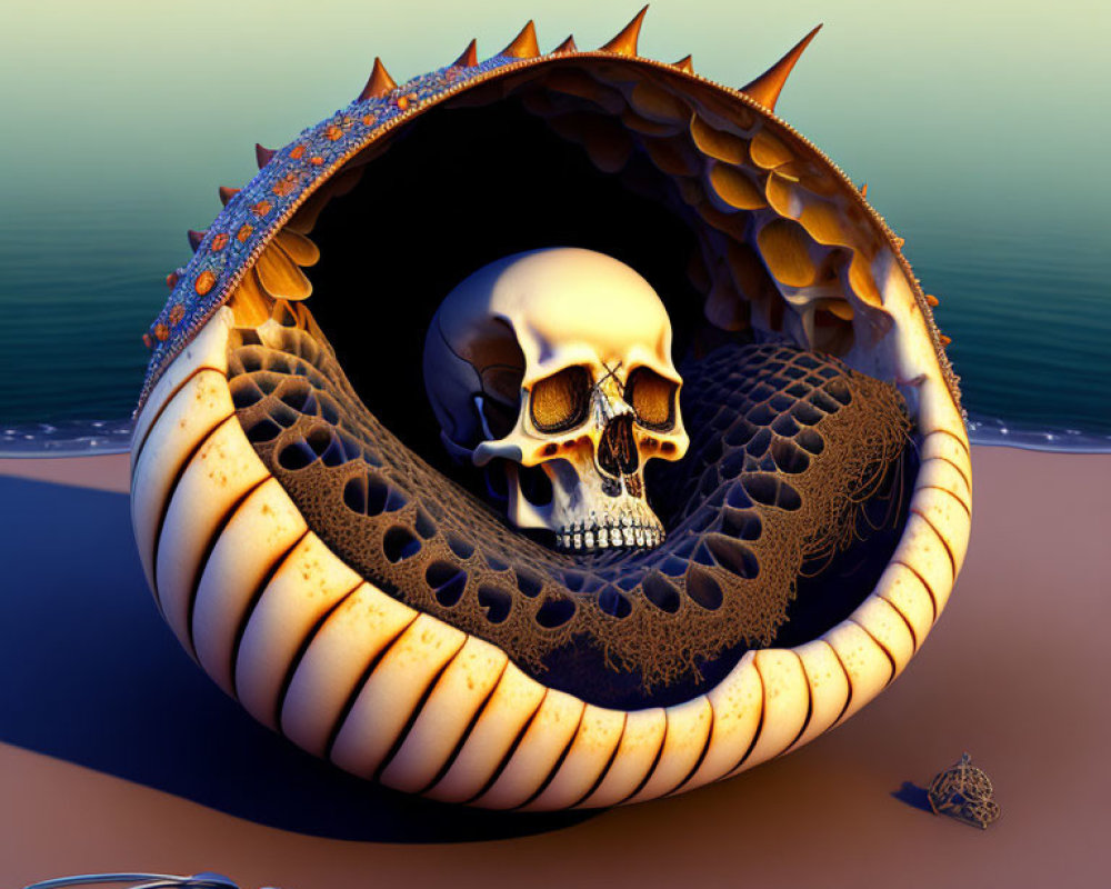 Skull in Spiral Shell Structure with Sea Background