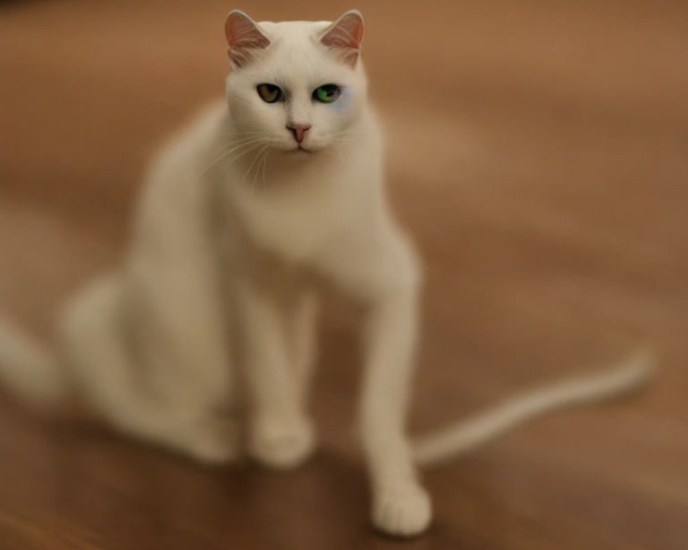 White Cat with Heterochromia: Blue and Green Eyes on Wooden Floor