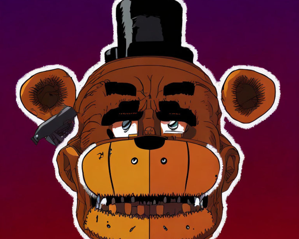 Brown Cartoon Bear with Top Hat and Phone Receiver on Purple Background