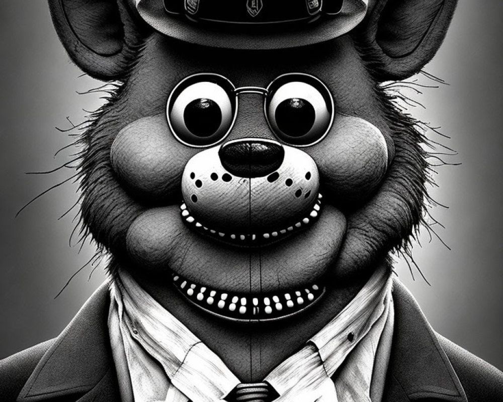 Monochrome anthropomorphic bear in suit, tie, and hat with friendly expression