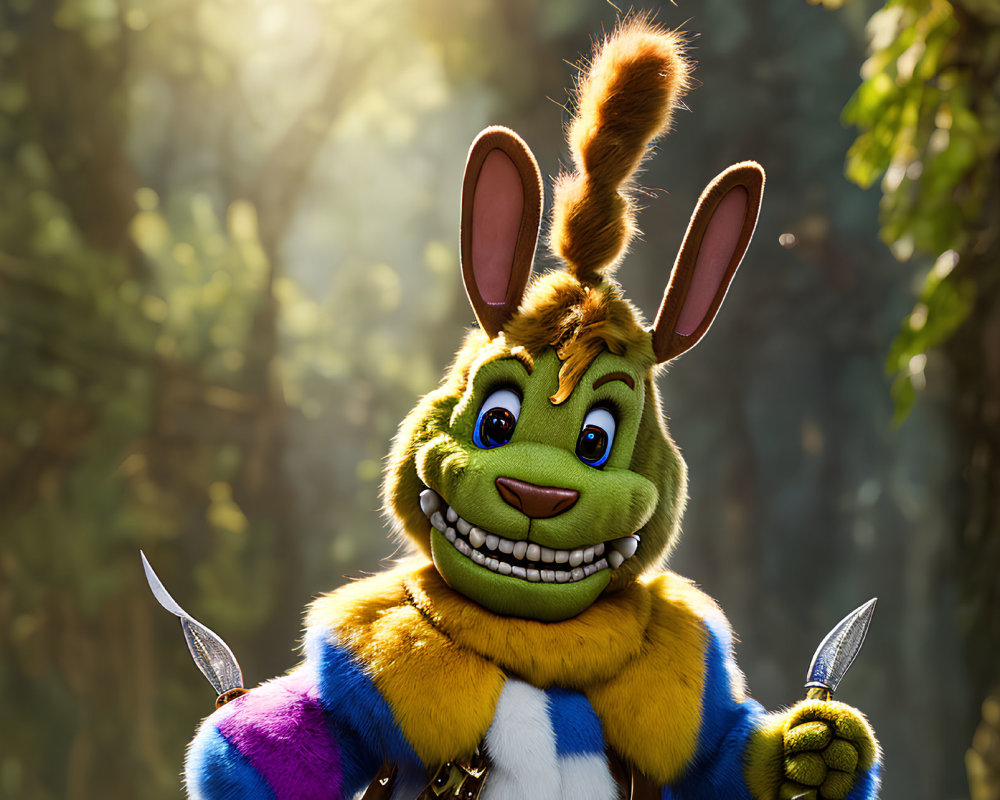 Colorful anthropomorphic rabbit with swords in sunlight