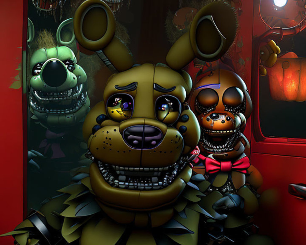 Stylized animatronic characters with glowing eyes in dimly lit room