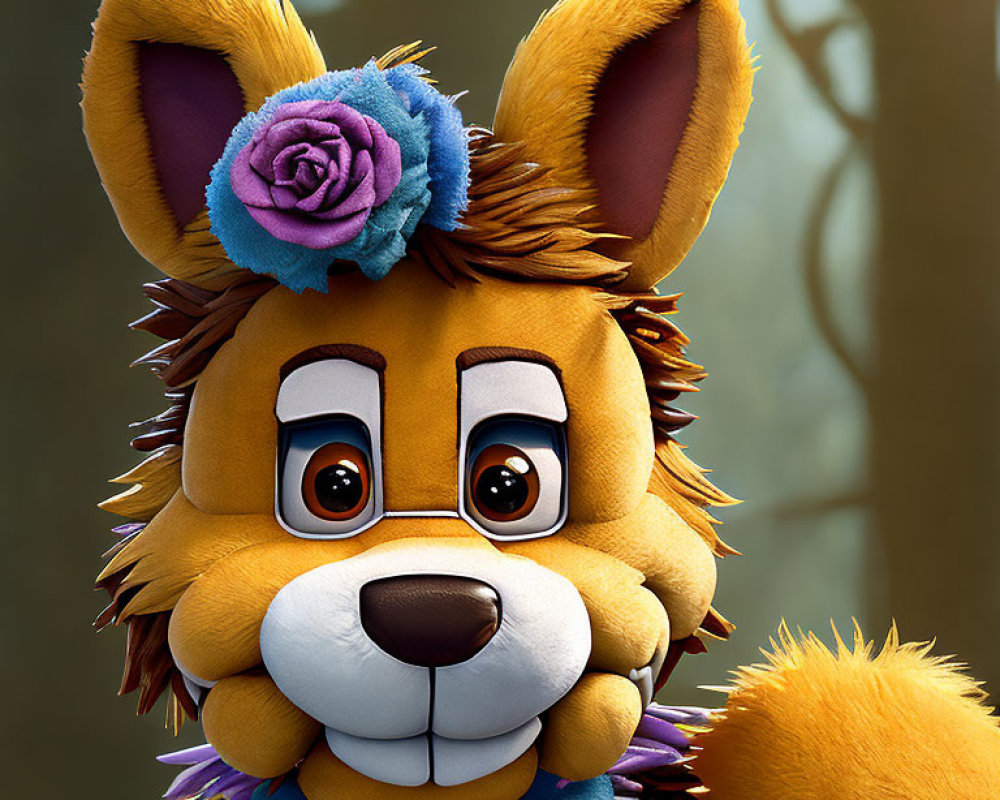 Cartoonish 3D render of an orange fox with big eyes and floral accessories