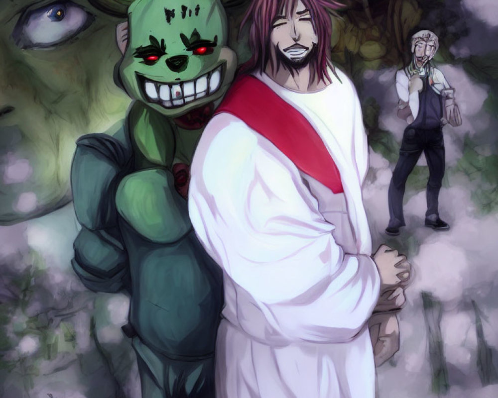 Illustration of smiling man, green bunny, and surprised person against eerie backdrop with eye