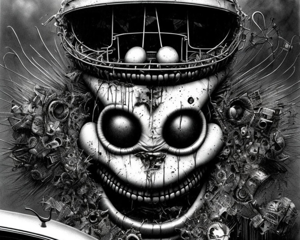 Detailed Monochrome Illustration of Menacing Clown-Like Face with Mechanical Elements