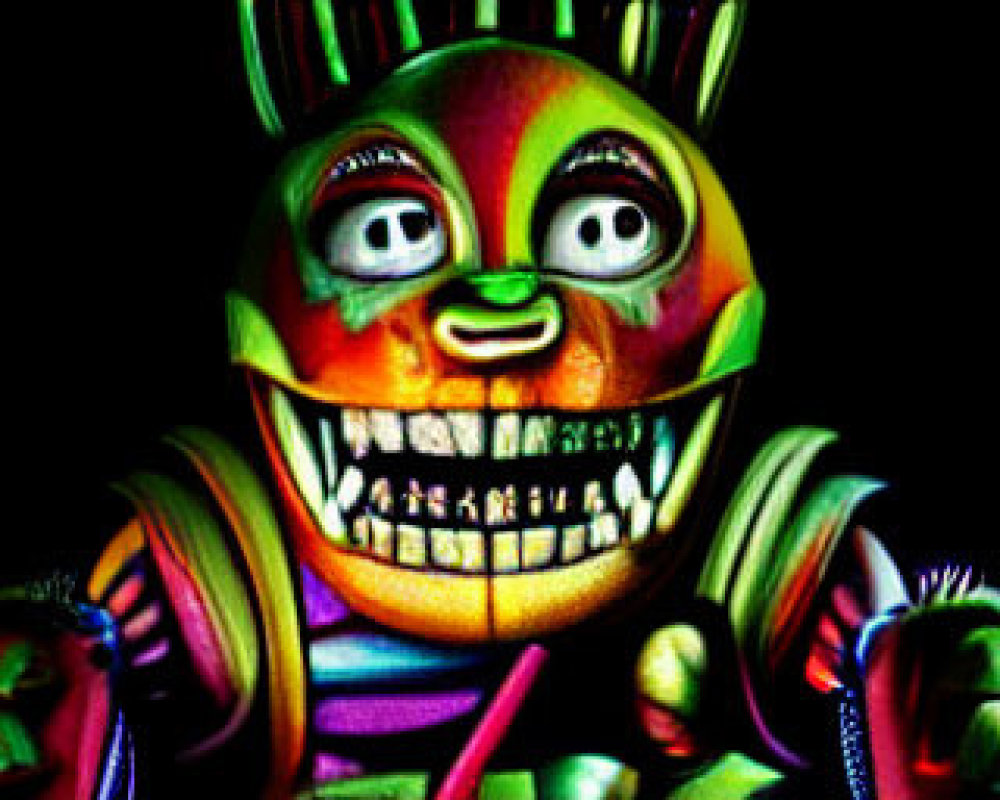 Vibrant animatronic character with wide grin and big eyes on black background