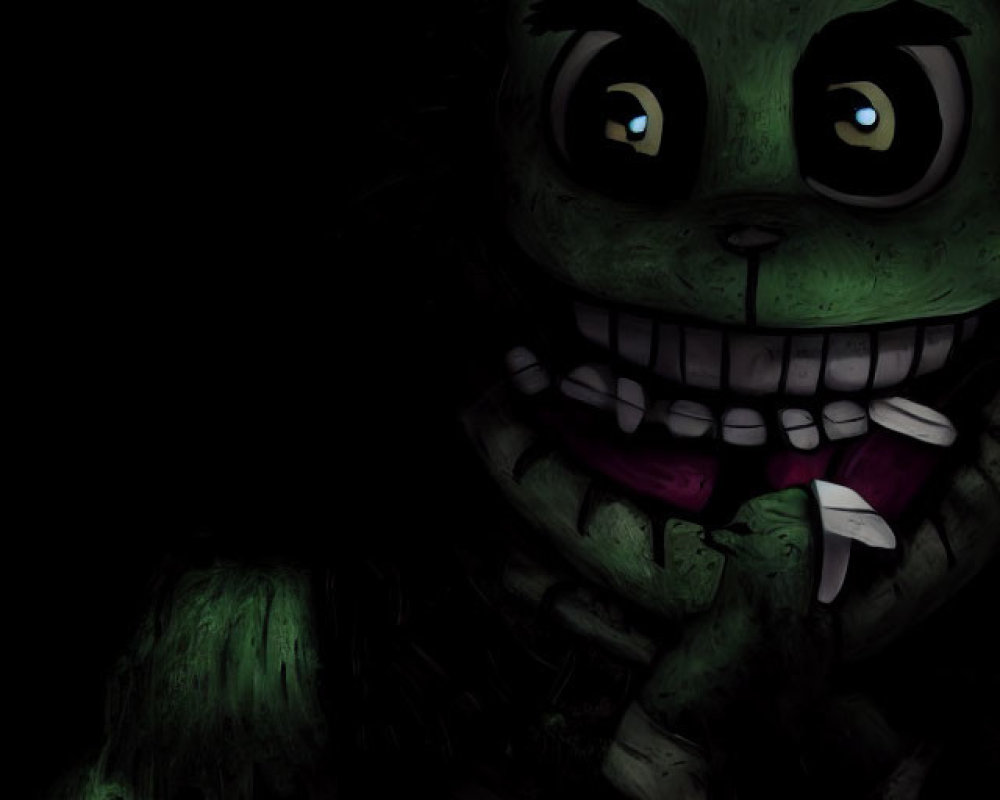 Sinister green animatronic bunny with exposed endoskeleton parts