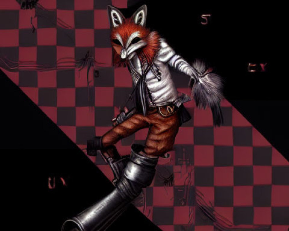 Anthropomorphic fox biker on surreal cannon in dark checkered setting