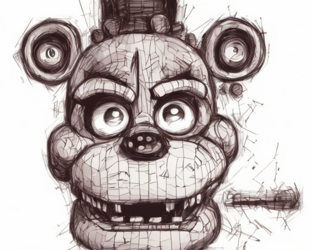 Stylized bear face sketch with mechanical details and sinister expression