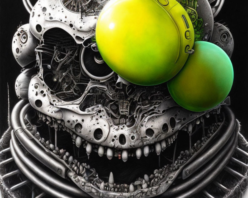 Surreal illustration of wire nest with green eggs and skulls