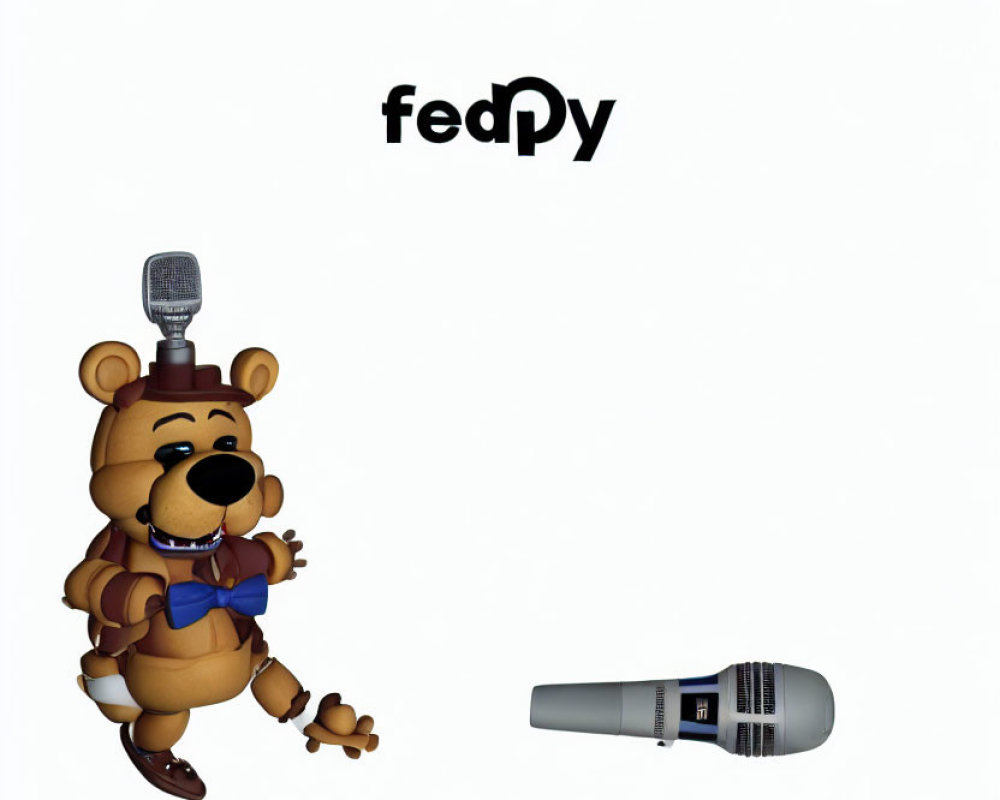 Animated bear in clothes with microphone under "fedPy" logo