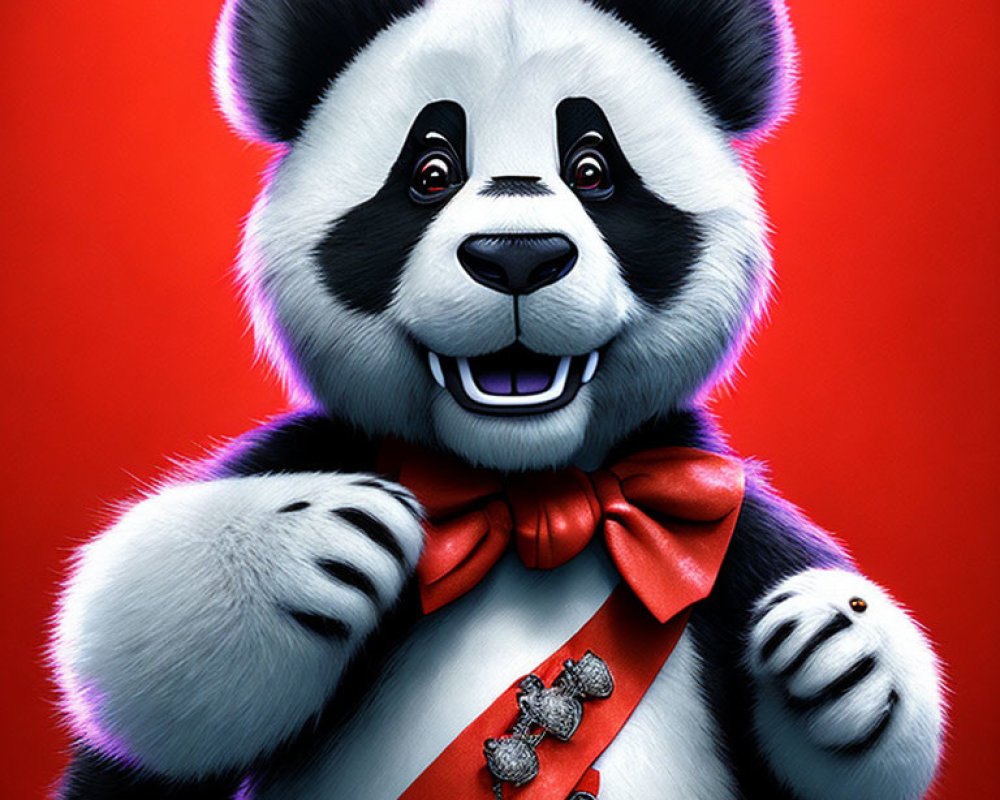 Cheerful panda character with red bow tie and medal on vibrant red background