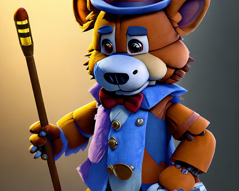 Brown Bear Character in Blue Top Hat and Coat with Cane Illustration