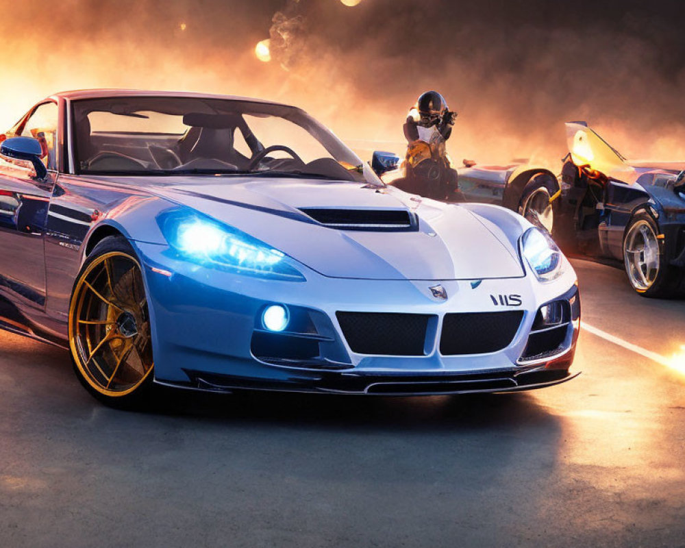 Blue Sports Car with Golden Rims and Motorcyclist in Black Gear among Hazy Backdrop