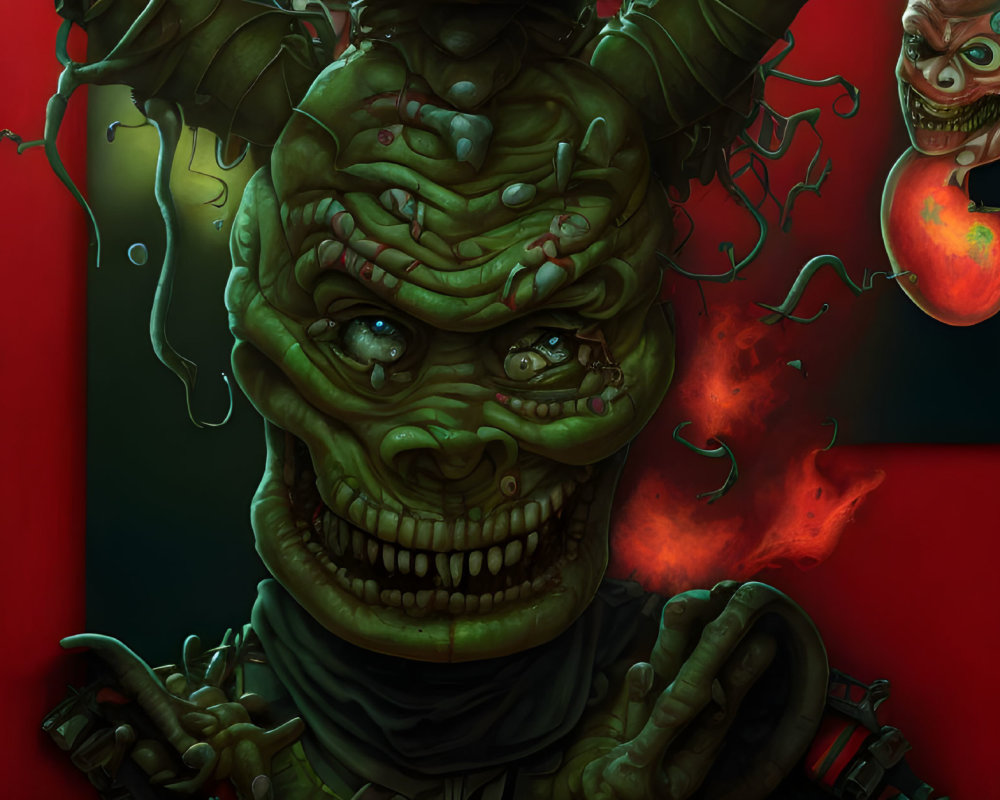 Grotesque green monster with fiery creatures and dripping slime