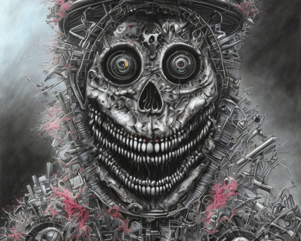 Monochromatic skull drawing with mechanical eyes on intricate machinery backdrop