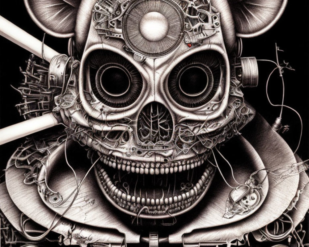 Detailed monochrome mechanical skull with gears and green lights