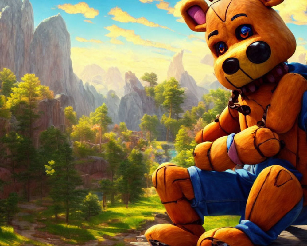 Contemplative teddy bear in lush valley with rocks and trees