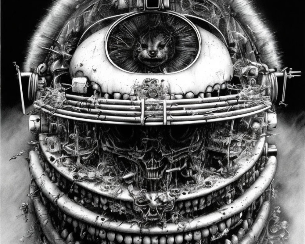 Detailed black and white drawing of surreal mechanical face with cat peeking through central opening surrounded by gears and