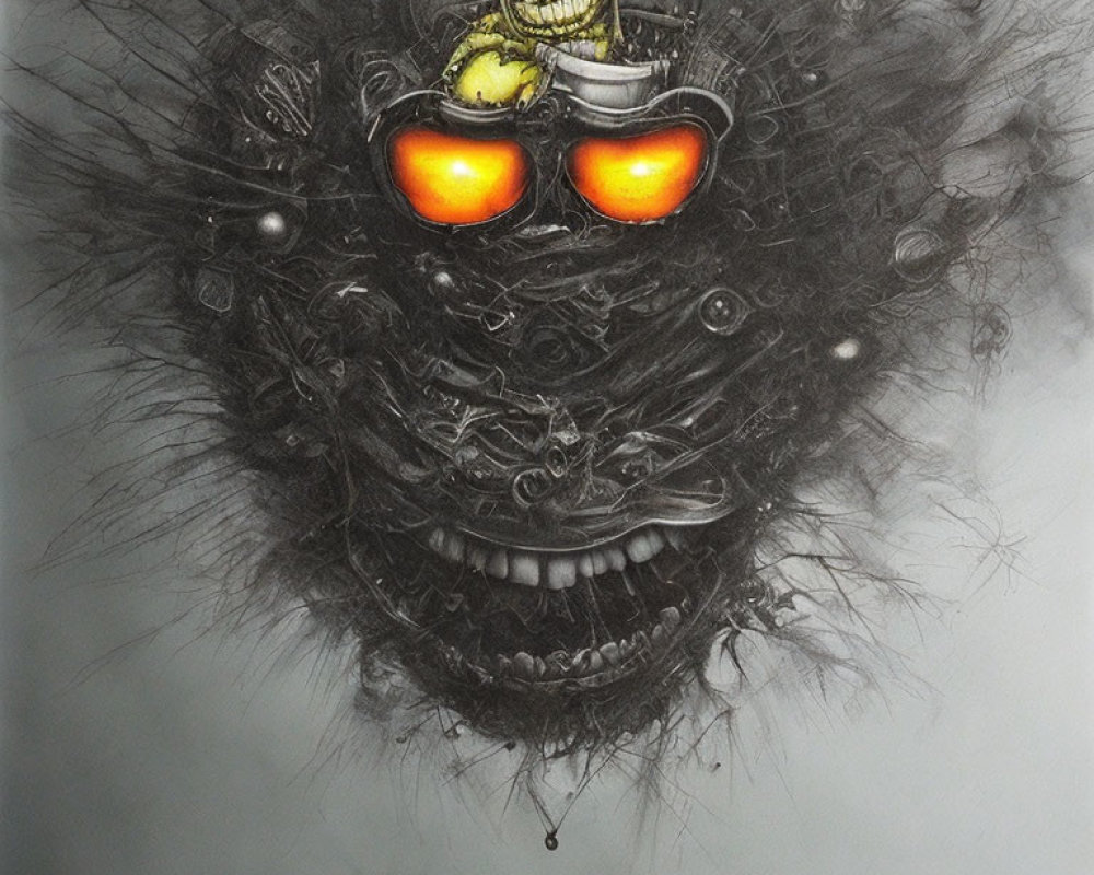 Detailed drawing of monstrous face with orange-glowing eyes, sharp teeth, sinister smile, and small