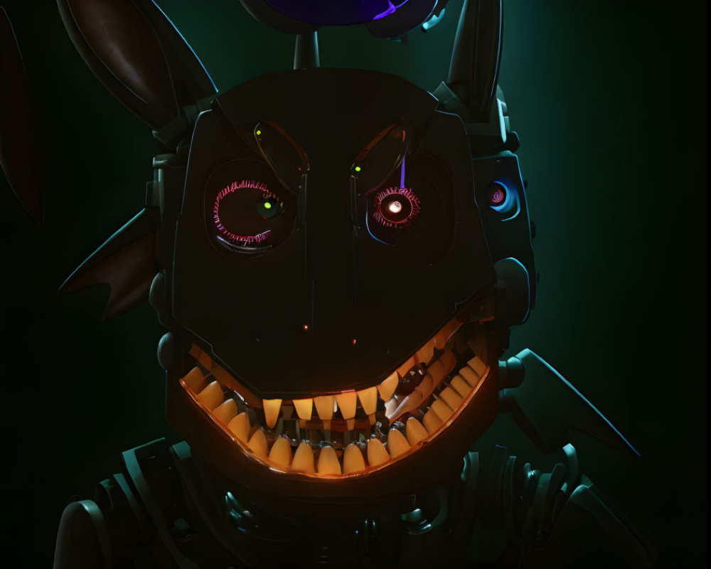 Menacing robotic rabbit head with glowing red eyes and sharp teeth