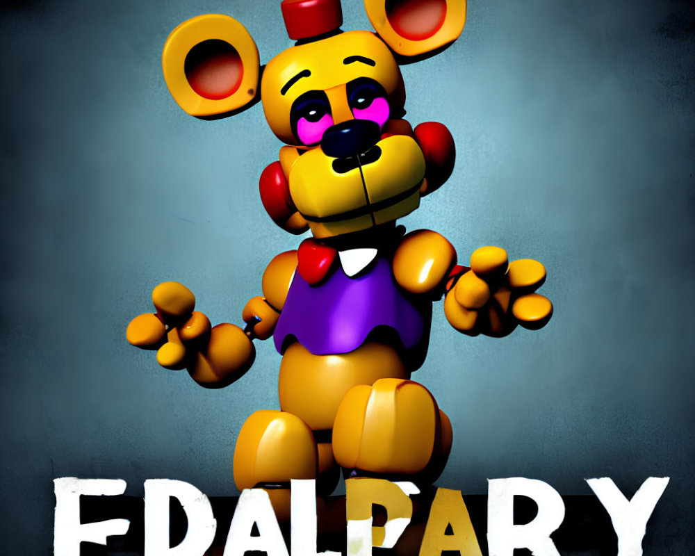 Yellow animatronic bear with purple accents and bowtie in 3D rendering next to "FD