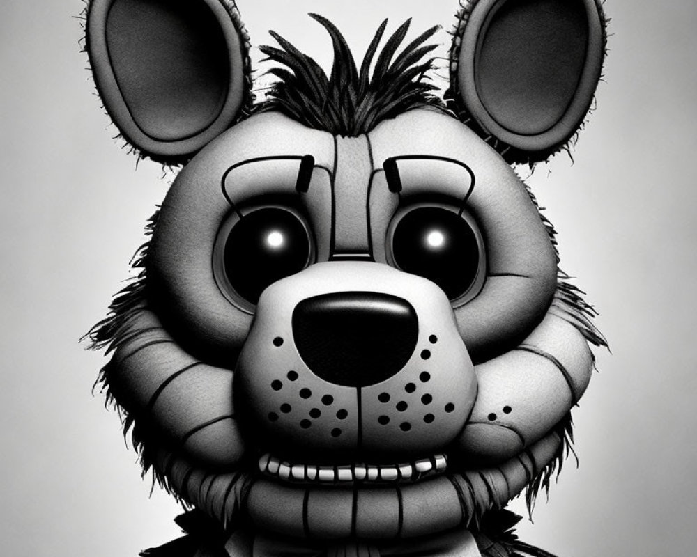 Detailed black and white cartoon of a friendly bear with big ears and bowtie