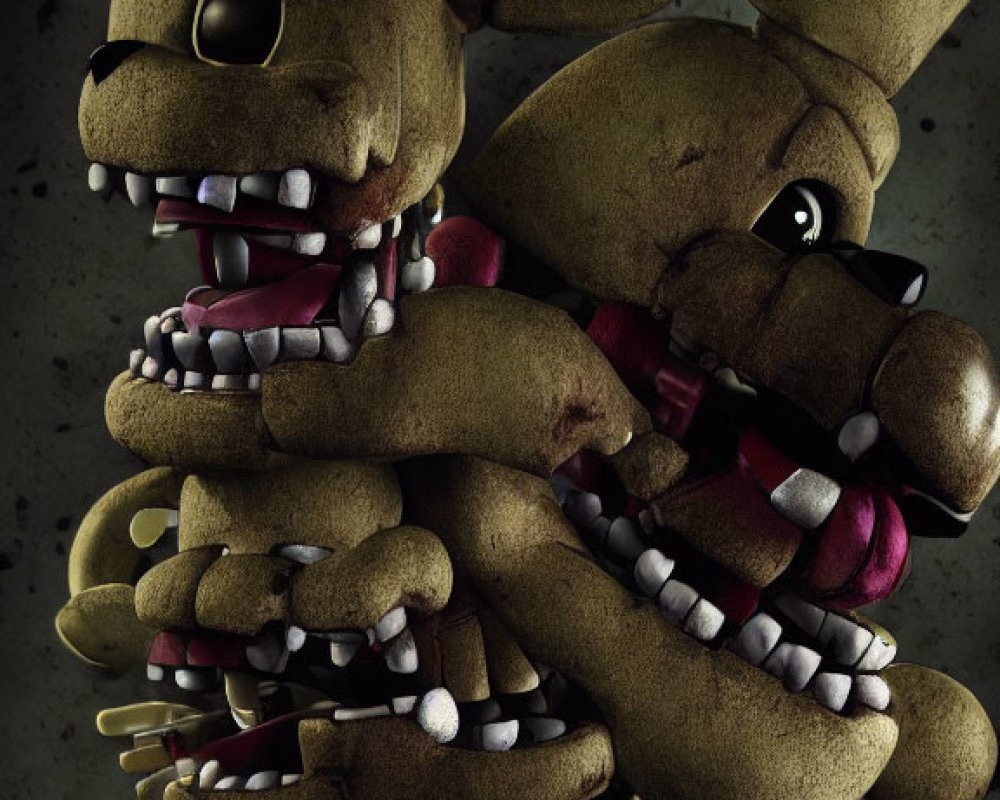 Intimidating multi-headed animatronic rabbit with sharp teeth on dark textured background