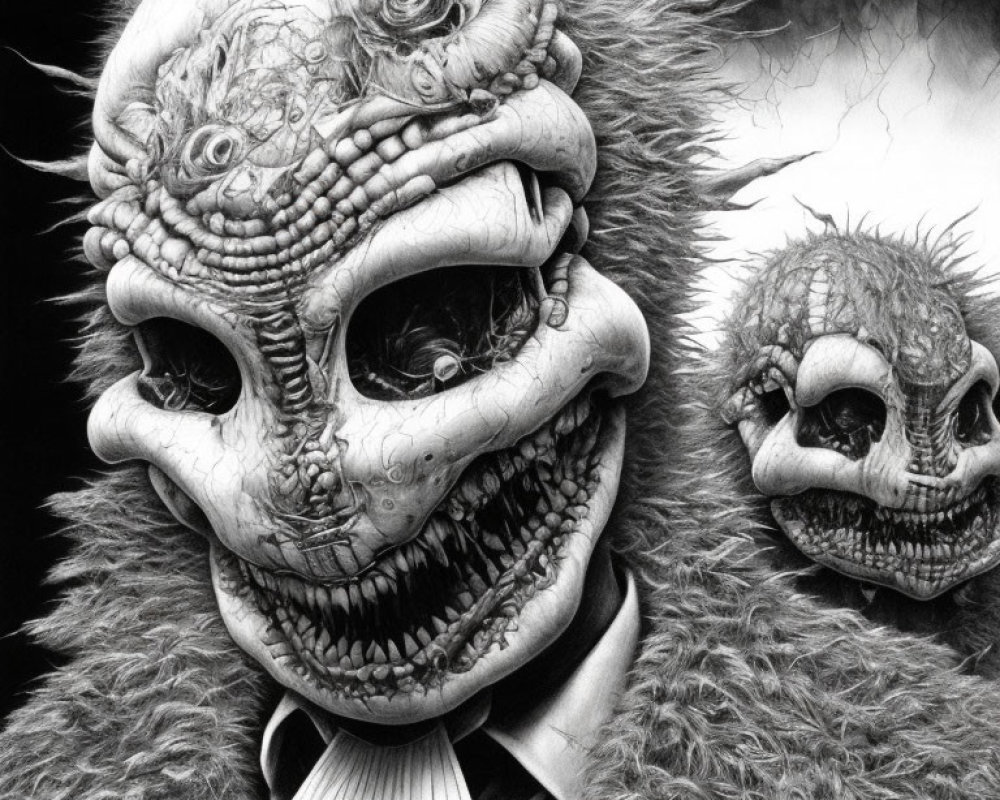 Monochrome surreal creature with skull-like face and sharp teeth wearing a suit