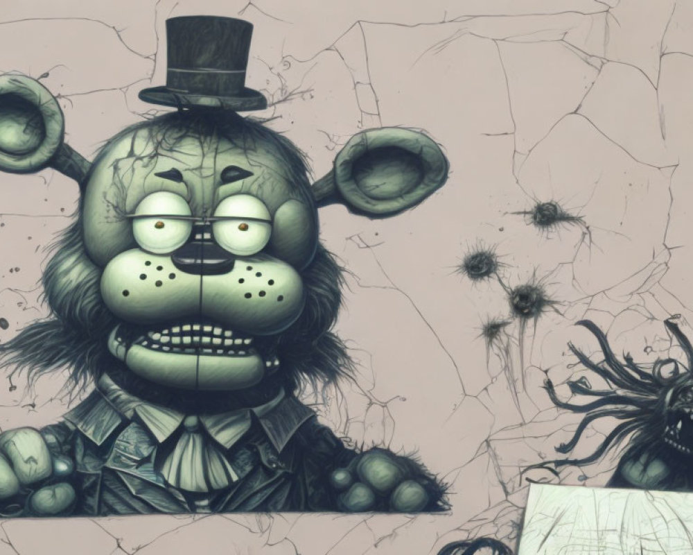 Sinister anthropomorphic bear with top hat in cracked background