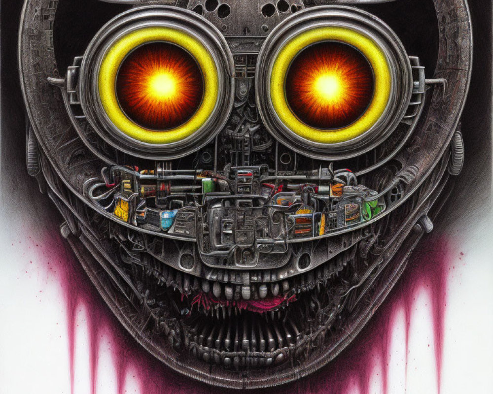 Fantastical robot face with large yellow eyes and intricate circuits