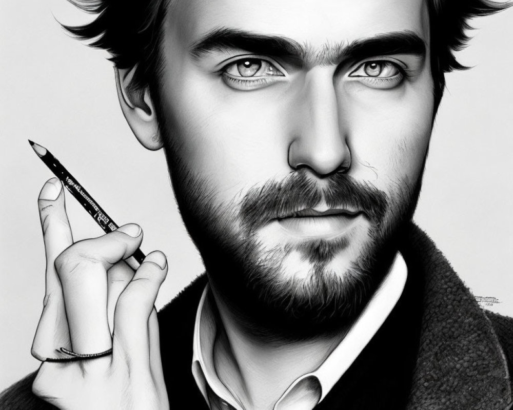 Monochrome portrait of a man with piercing eyes and stubble holding a pencil and a ring