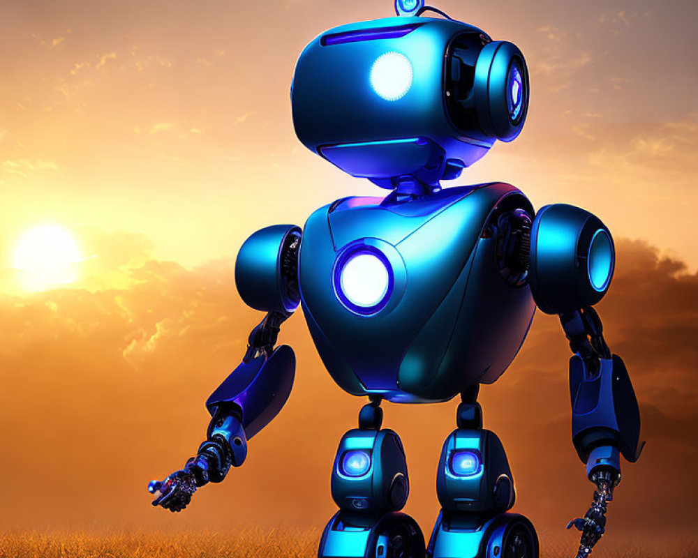 Blue Friendly Robot Standing in Sunset Field