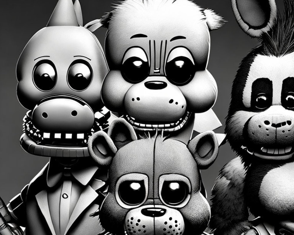 Monochrome image: Animated anthropomorphic animals with mechanical features