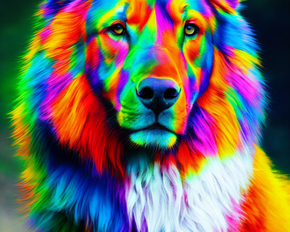 Colorful Rainbow-Hued Wolf Portrait