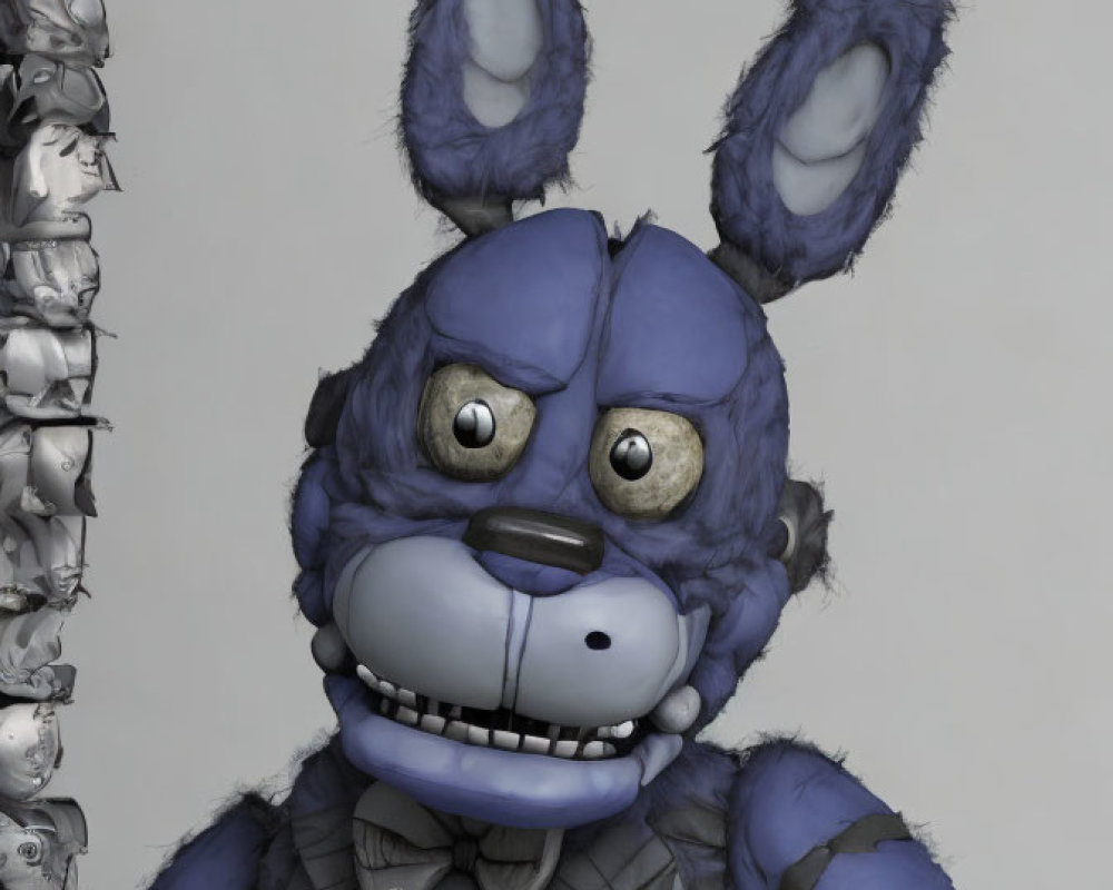 Sinister blue robotic bunny with glossy eyes and exposed mechanics