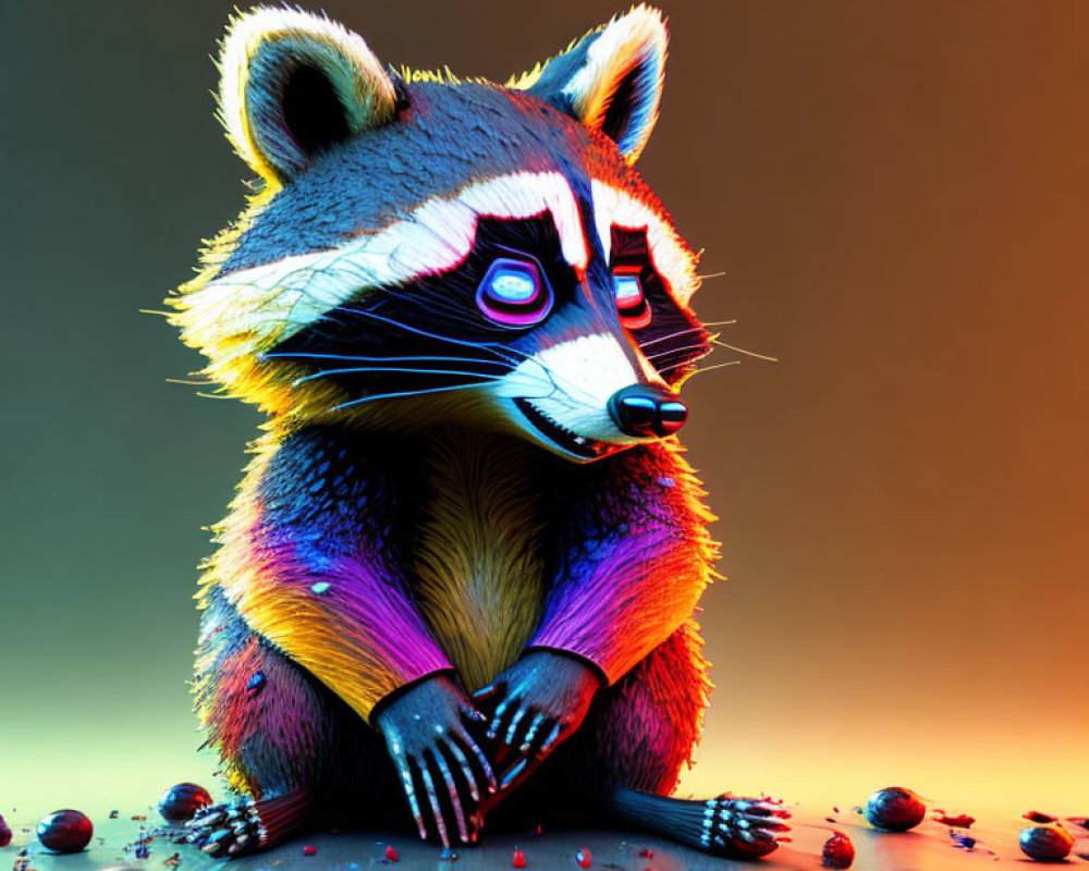 Neon fur raccoon surrounded by berries on gradient backdrop