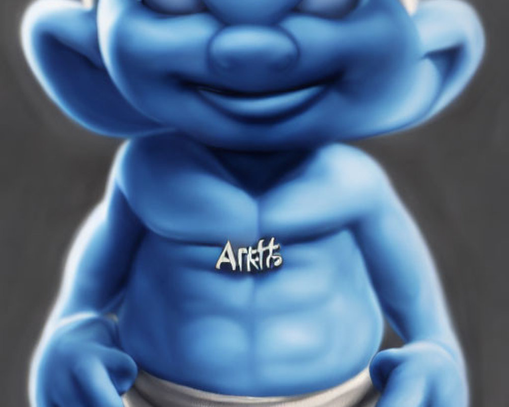 Stylized Smurf character with exaggerated features on dark background