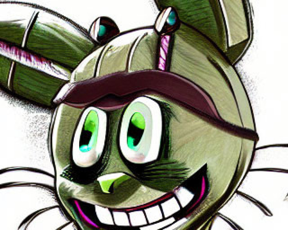 Stylized anthropomorphic rabbit with green eyes and bowtie smiling widely