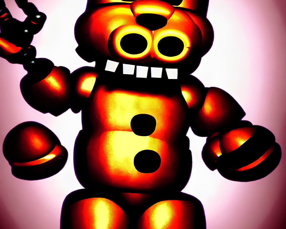 Shiny golden animatronic bear with glowing eyes on pink background