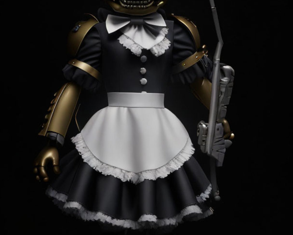 Menacing rabbit robot in maid outfit with gold-accented arms and knife