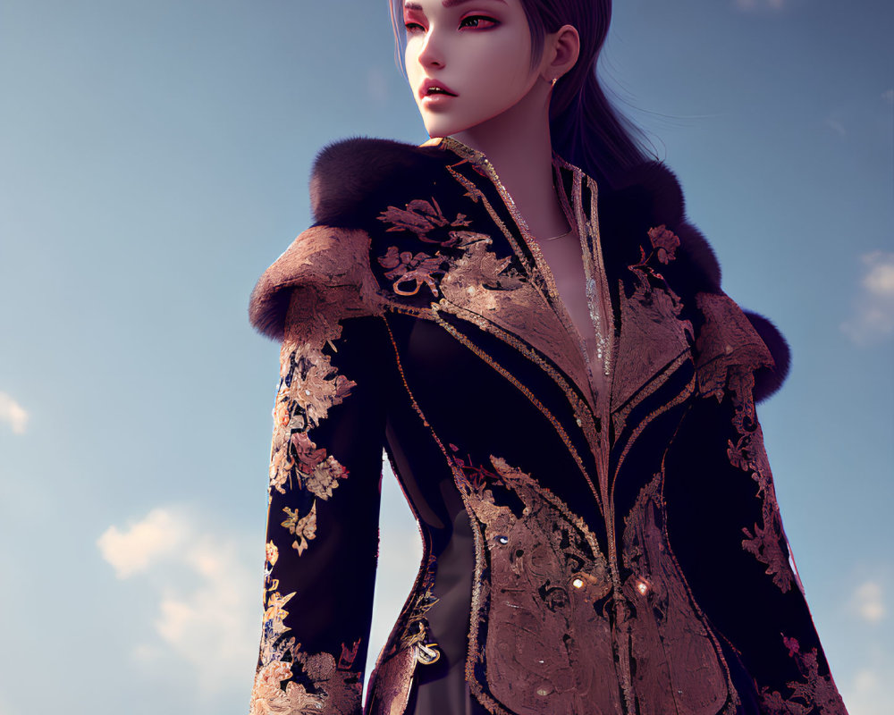 Pale-skinned woman in ornate black and gold dress under blue sky