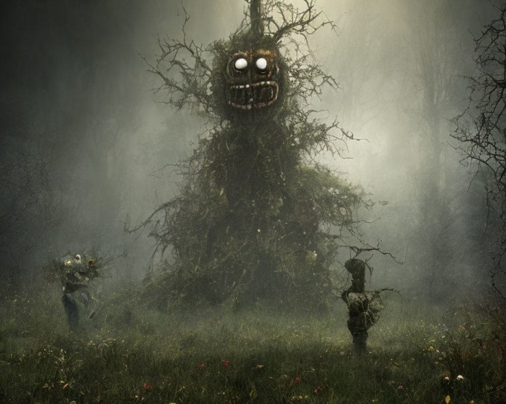 Eerie forest scene with glowing-eyed tree and animated creatures